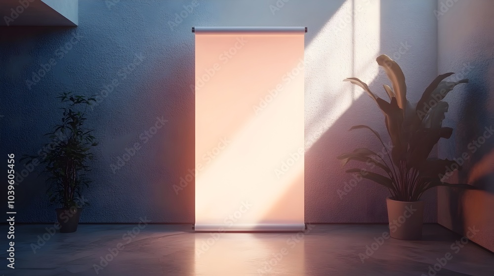 Poster blank roll up banner in minimalistic studio setting with spotlight illumination