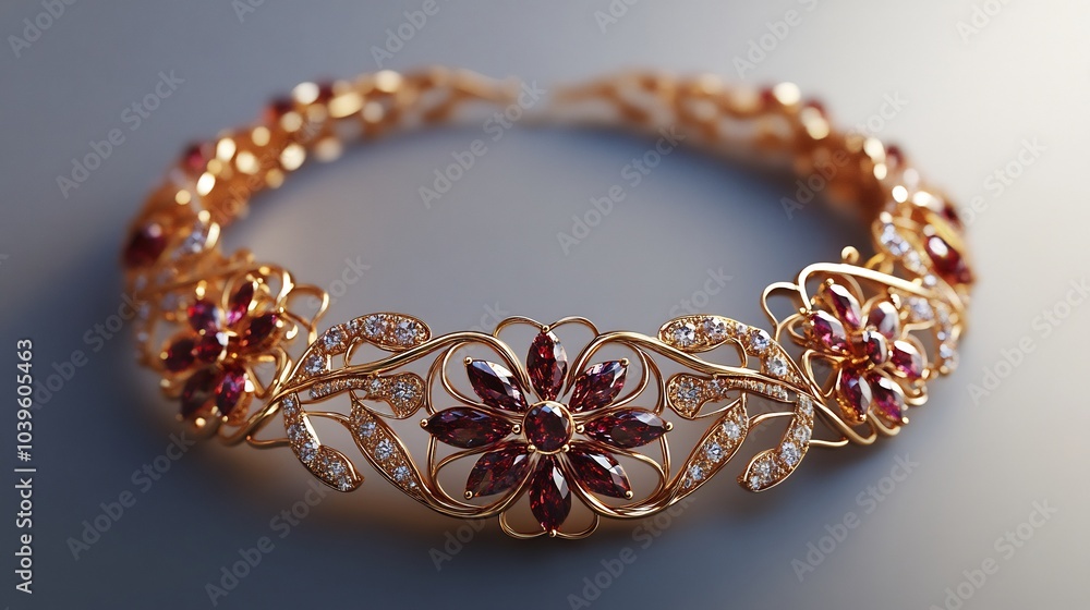 Poster intricately designed 3d gold necklace radiant stones resting on a minimalist background emphasizing 