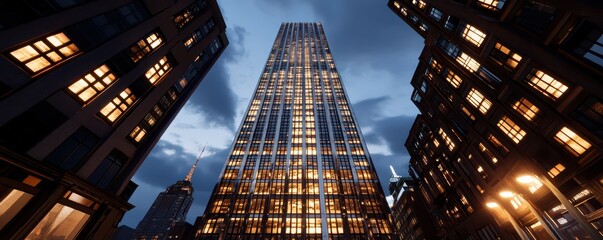 Fototapeta premium Stunning street-level view of a high-rise building, showcasing its dramatic height and architectural design.