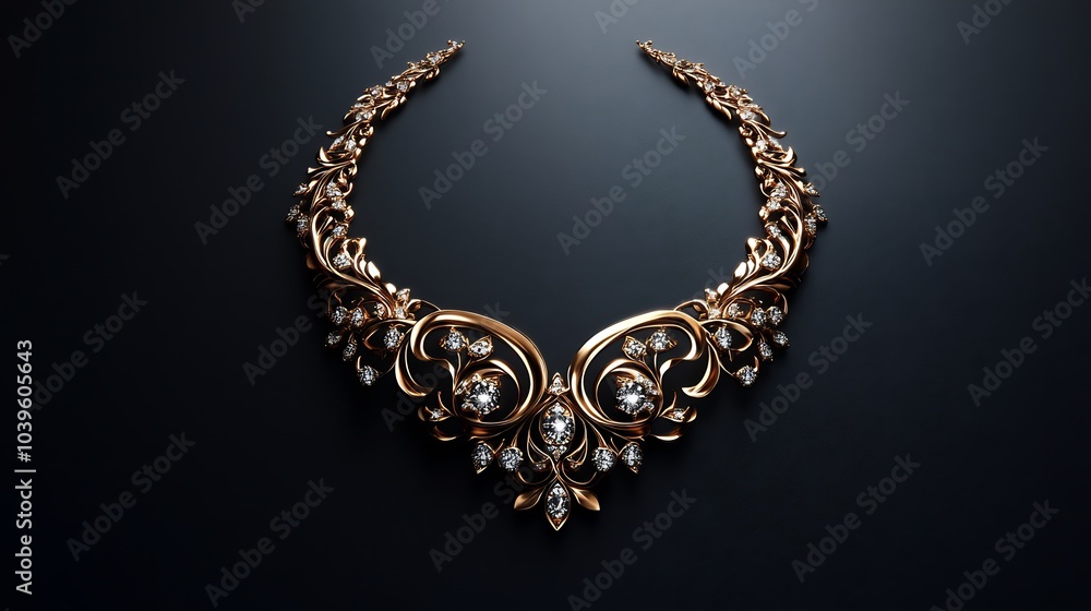 Poster intricately designed 3d gold necklace radiant stones resting on a minimalist background emphasizing 