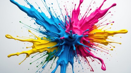 A vibrant splash of paint featuring electric blue, neon pink, and bright yellow colliding in mid-air. The colors explode outward in dynamic arcs.