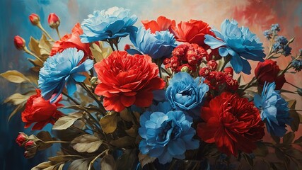 Fototapeta premium Vintage Floral Still Life: Blue and Red Flower Painting