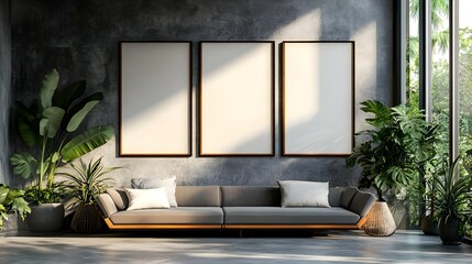 Three Blank Posters On Modern Concrete Wall With Tropical Plants Decor In Minimalist Indoor Space