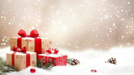 Urokliwe tło bożonarodzeniowe ozdobione pięknie zapakowanymi prezentami w różnorodnych kolorach i wzorach.