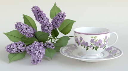  A cup and saucer hold a bouquet of lilacs Another saucer rests next to it