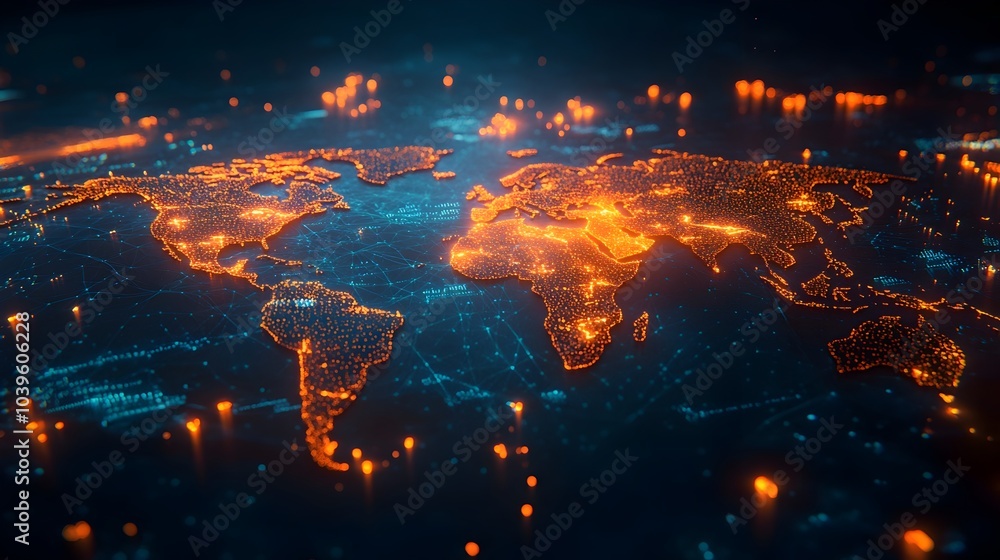Poster glowing polygonal map showcasing global connectivity and innovation through 3d rendering