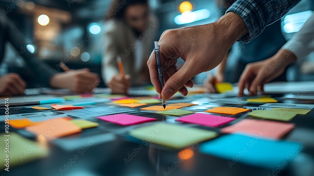Poster creative team meeting with colorful sticky notes on table in office workspace