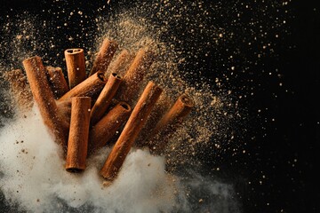 Food Explosion. Cinnamon Stick and Powder Exploding on Black Background