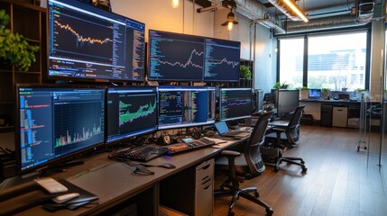 Modern Workplace with Multiple Monitors Displaying Stock Market Data