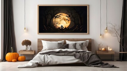 Modern minimalist wall art mockup of bed room for Halloween, blank frame for wall art mockup of bed room, Halloween and Christmas spooky scary vibes of the room interior design