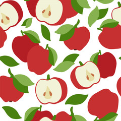 Red apple vector cartoon seamless pattern on a white background.
