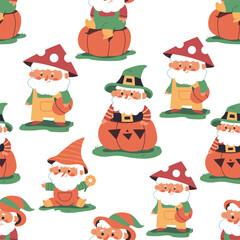 Autumn gnomes garden decor vector cartoon seamless pattern on a white background.