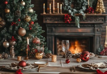 Holiday theme template. Table with christmas tree and fireplace with copy space