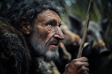 An elder hunter with gray hair holds a spear, keenly watching a group of boars in the forest, embodying wisdom, endurance, and the life-long journey of hunting.