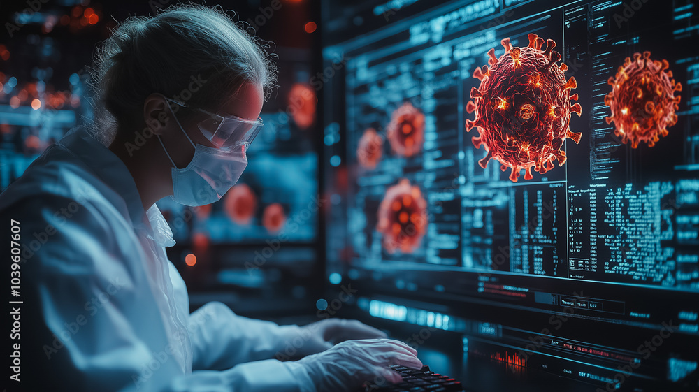 Poster a woman in a lab coat is working on a computer monitor with a virus on it. she is wearing a mask and