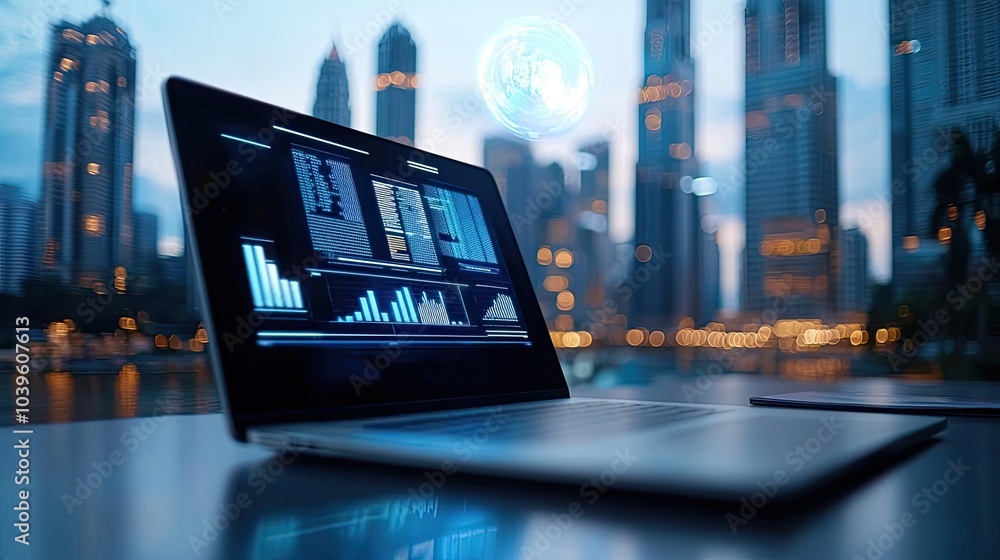 Poster laptop displaying analytics data against a city skyline at night.
