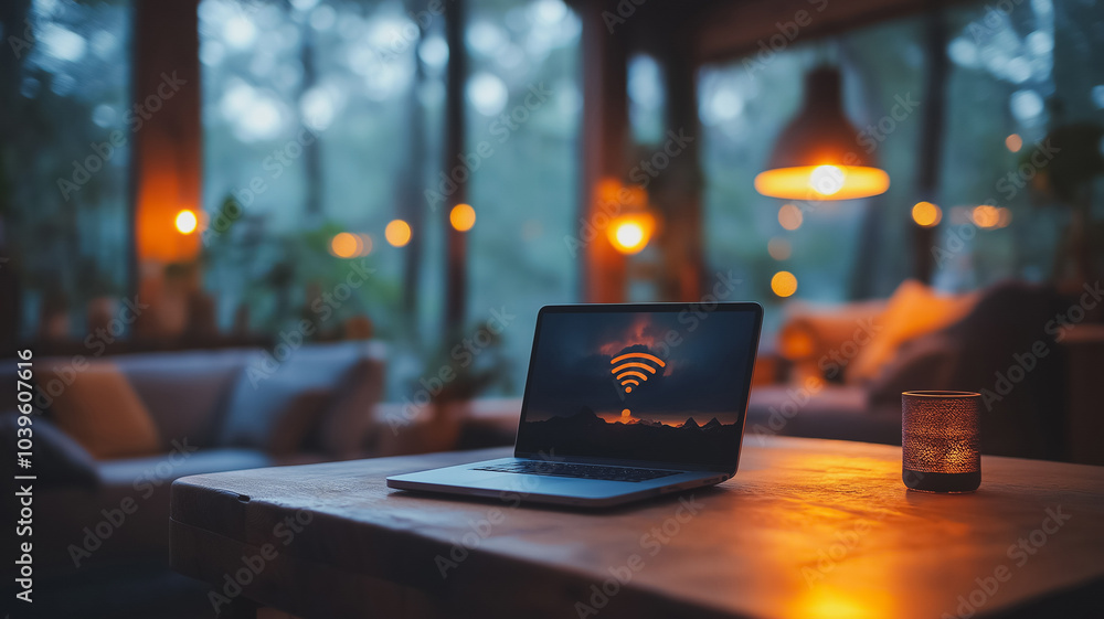 Aufkleber a laptop is open on a table with a candle in front of it. the laptop screen shows a wifi symbol. the