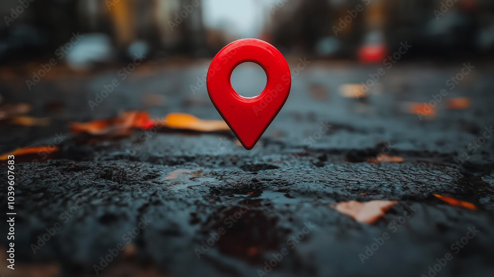 Poster a red pin is on the ground in front of a car. the pin is pointing to a location