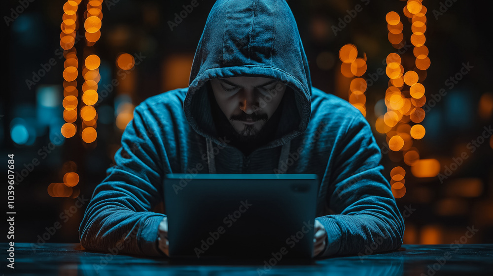 Poster a man wearing a hoodie is sitting at a table with a laptop in front of him. the image has a moody an