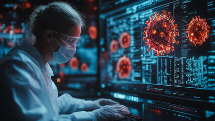 A woman in a lab coat is working on a computer monitor with a virus on it. She is wearing a mask and gloves