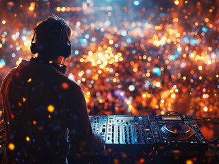 A DJ playing at a New Year's Eve party, colorful lights illuminating the scene, people dancing around
