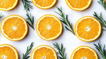 Close-up of vibrant orange slices arranged in a pattern, highlighting their juicy flesh and bright, refreshing color.