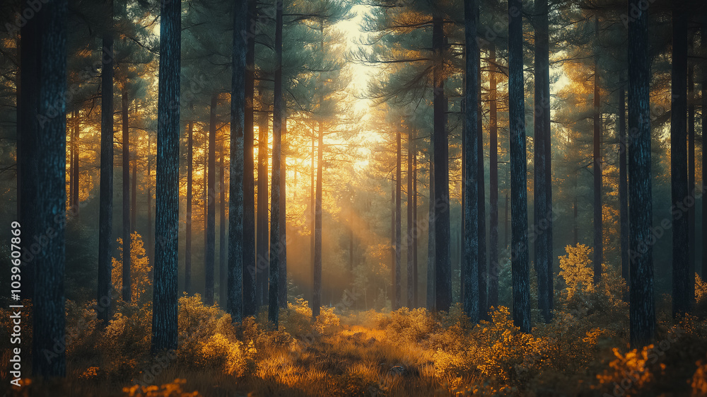 Poster a forest with trees in the foreground and background. the sun is shining through the trees, creating