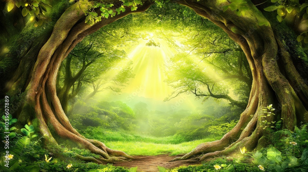 Poster a large tree with a hole in it. the hole is surrounded by trees and grass. the sun is shining throug