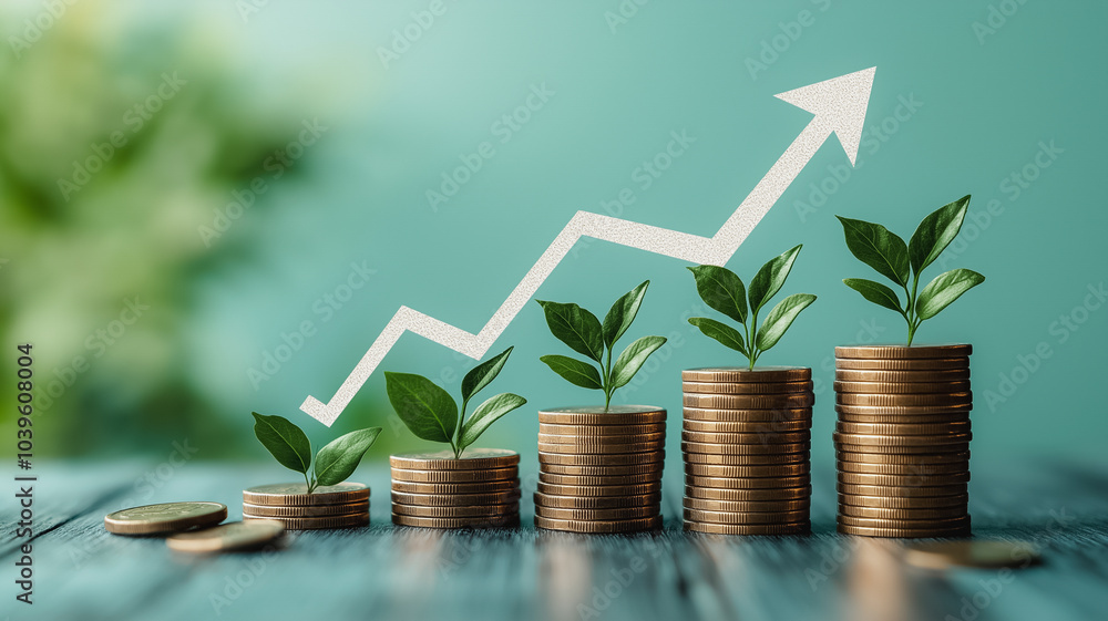 Poster a graph with an arrow pointing upwards, growing coins and green leaves on the side of each column. t