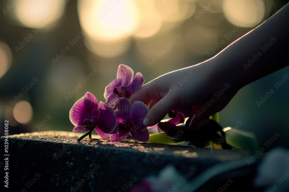 Poster the image captures a close-up of a hand gently touching vibrant pink orchids on a stone surface, wit