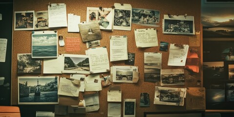 A corkboard with papers and pictures pinned to it. ID_2a9dea85-9386-4707-ad82-31dd51cc6335 --ar 2:1 --v 6.1 Job ID: 01541fc7-9837-4660-8af0-04e4f5200605