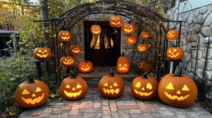 Fototapeta premium A collection of carved pumpkins atop a brick walkway, adjacent to a stone building and its doorway