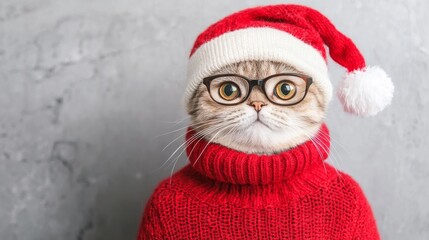 Cute Cat Wearing Santa Hat  Glasses  and Red Sweater