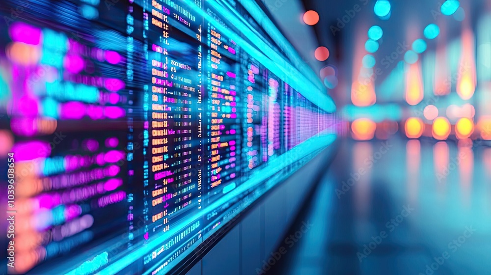 Poster Close-up of luminous data stream, colorful digital display technology.