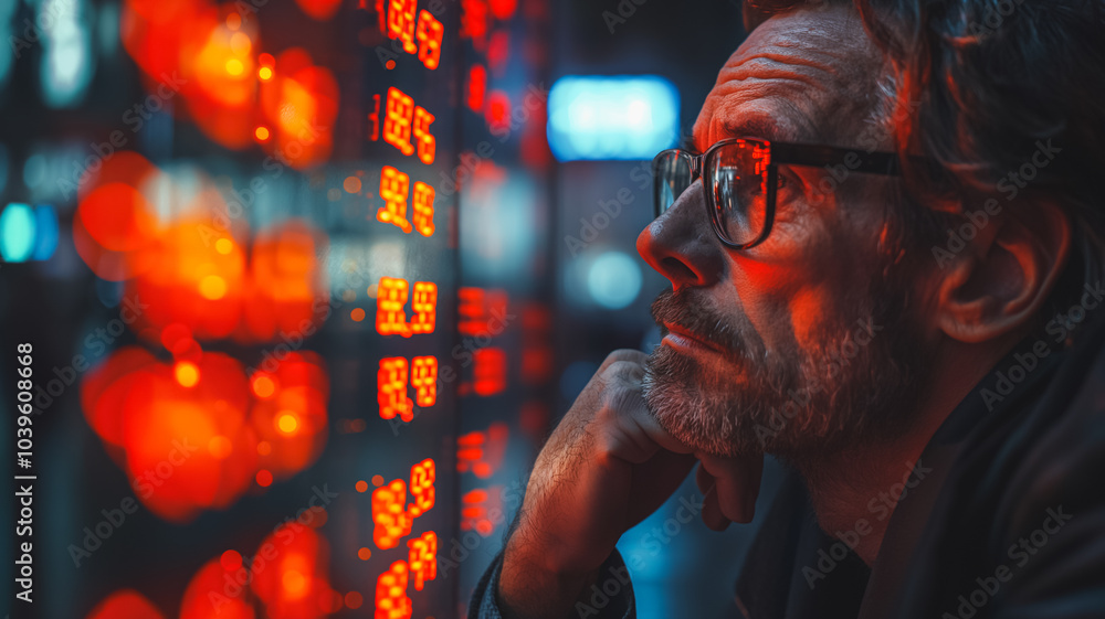 Aufkleber a man is looking at a screen with red numbers on it. he is wearing glasses and he is deep in thought
