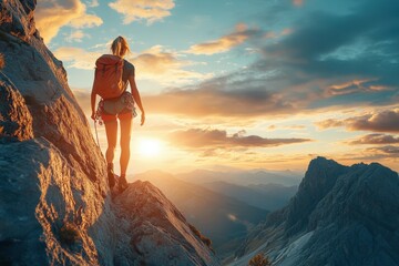 Fototapeta premium A solo traveler stands on a mountain ridge, gazing at snow-capped peaks, carrying a backpack and hiking poles. Beautiful simple AI generated image