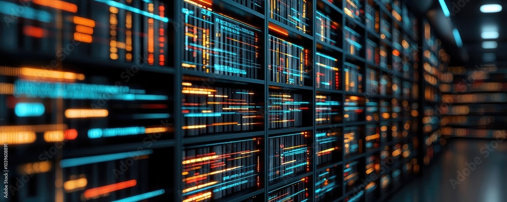 Poster data center with glowing servers and cables providing modern computing power.