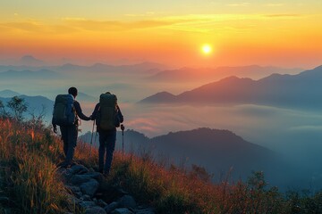 Obraz premium A solo traveler stands on a mountain ridge, gazing at snow-capped peaks, carrying a backpack and hiking poles. Beautiful simple AI generated image