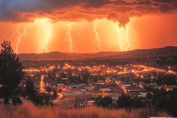 Dramatic stormy weather over cityscape with striking lightning bolts