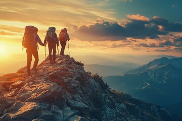 Friends hiking to a remote mountain location ultra-realistic photo. Beautiful simple AI generated image