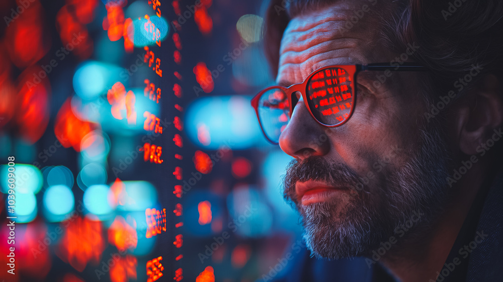 Poster a man with glasses looking at a screen with numbers on it. the numbers are red and the background is