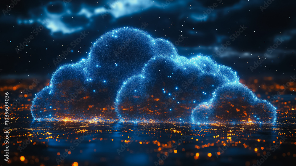 Poster cloud computing: high-tech cloud computing network with interconnected servers and data flow, secure