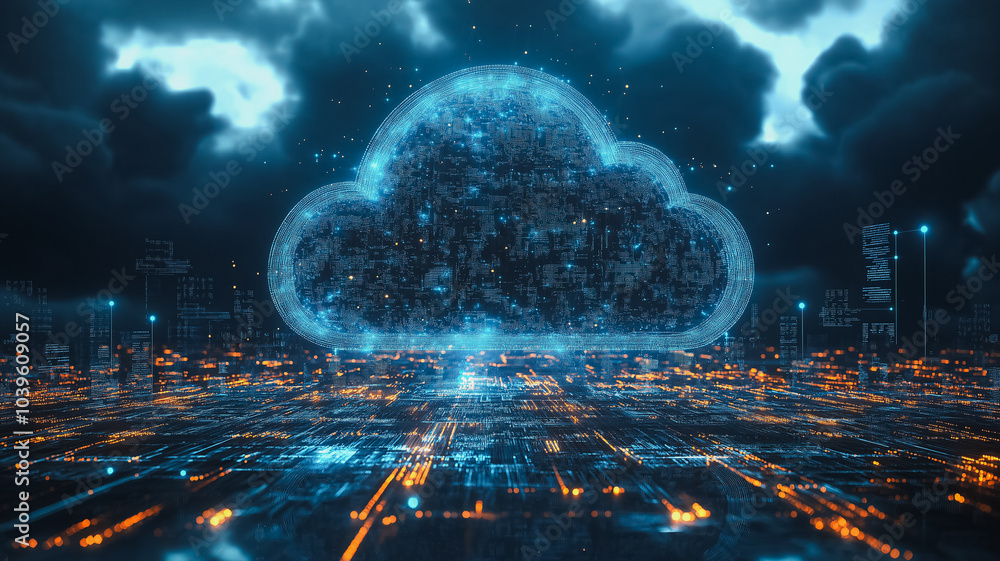 Poster cloud computing: high-tech cloud computing network with interconnected servers and data flow, secure
