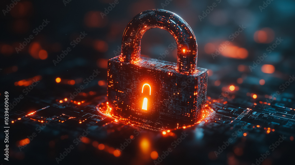 Poster cybersecurity: digital lock with glowing data encryption symbols, secure online access, robust prote