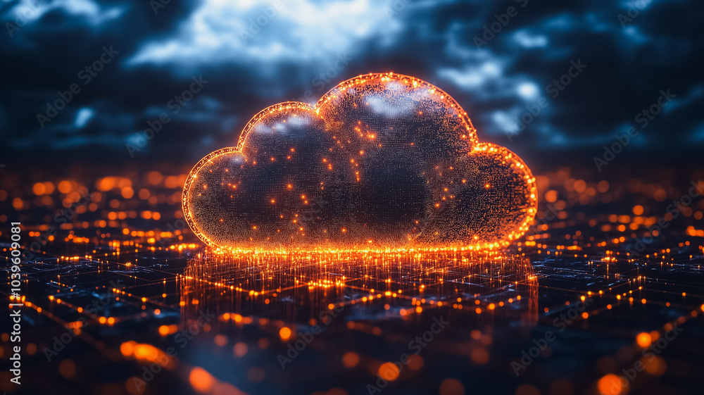 Poster cloud computing: modern cloud network interface with interconnected data nodes, secure cloud storage