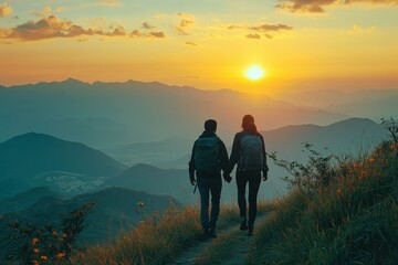 Friends hiking to a remote mountain location ultra-realistic photo. Beautiful simple AI generated image