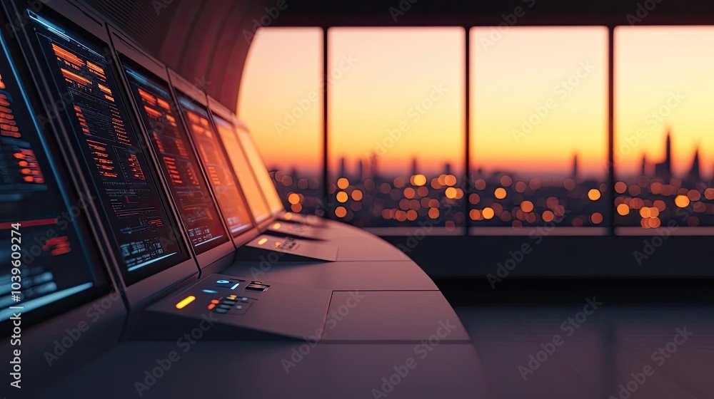 Poster Control room with digital interfaces, sunset view from large windows.