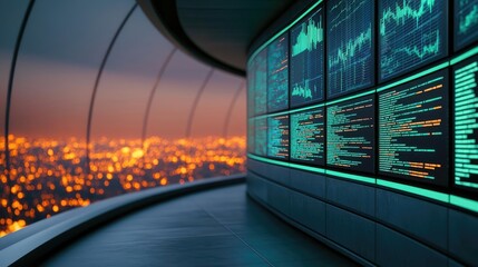 Obraz premium Futuristic control room with glowing screens and city view at night.