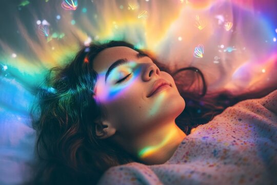 A woman lies peacefully asleep as colorful, vibrant dream lights play across her serene face, capturing a moment of tranquility and enriched imagination.