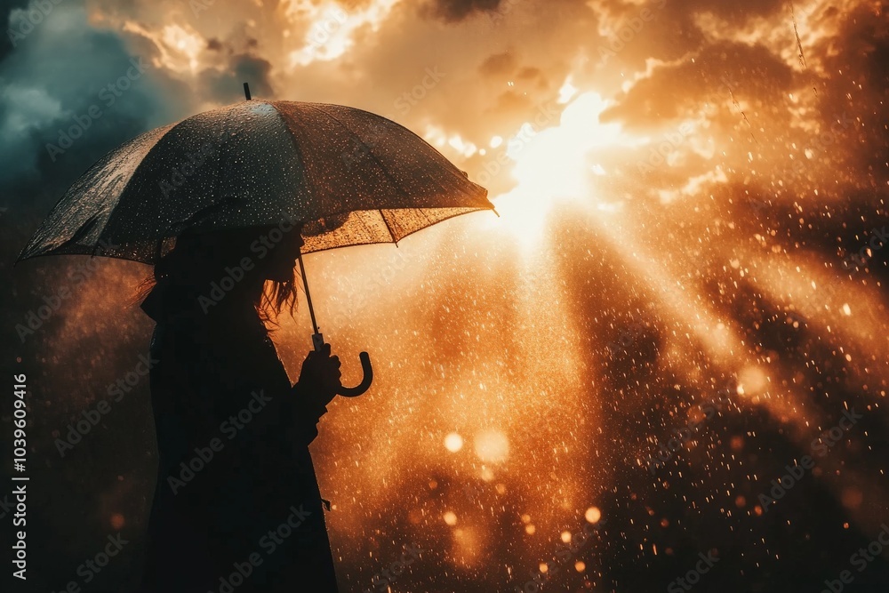 Poster A captivating image of a person holding an umbrella, surrounded by glowing rain and illuminated by golden sunlight, creating an enchanting and magical atmosphere.